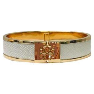 Tory Burch White Leather Kira Gold Tone Raised Logo Bracelet